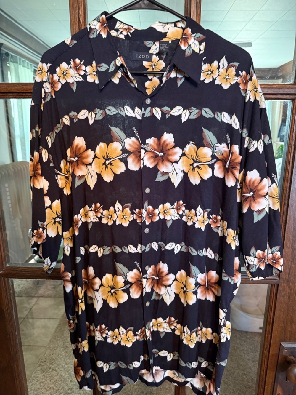 Izod Mens Black Hibiscus Floral Rayon Short Sleeve Hawaiian Button Down Shirt‎ L